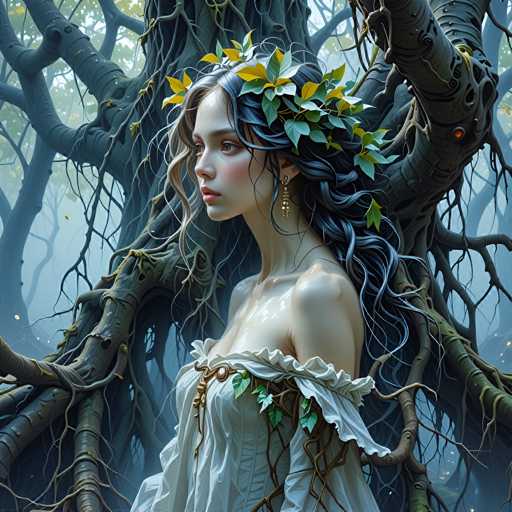 A woman with long dark hair wearing a white dress and a crown of leaves is the central figure in this image. She stands against a backdrop of trees with twisted trunks and branches that reach out into the sky. The colors used are predominantly green and brown, creating a sense of nature and wilderness.