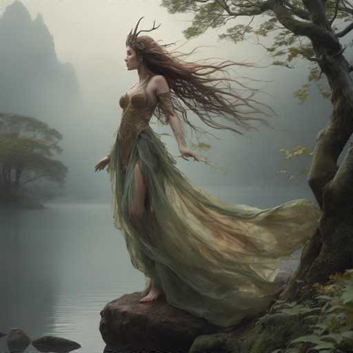 A woman with long brown hair and a green dress stands on a rock next to a body of water, wearing a crown on her head.