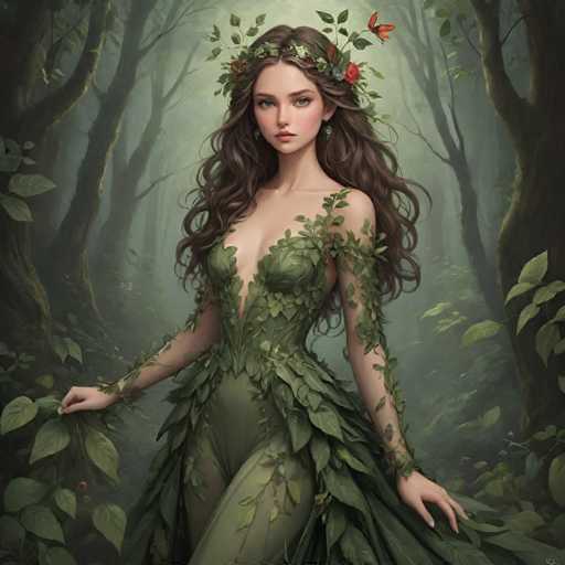 A woman with long brown hair is standing in a forest surrounded by trees and plants. She is wearing a green dress that has leaves on it, and she is holding a leaf.