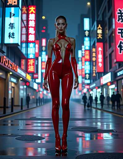 The image depicts a woman wearing a red outfit and high heels walking down a city street at night. The background is filled with neon signs and buildings, creating an urban atmosphere.