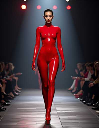 A woman is walking down a runway wearing a red leather outfit with a zipper top and high heels. The audience is seated on either side of the runway, watching her performance.