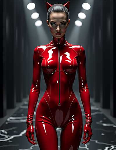 A woman is standing in front of a mirror wearing a red jumpsuit with a zipper down the center and cat ears on her head. She has long hair styled in an updo and is looking directly at the camera. The background features a black hallway with white lights hanging from the ceiling, creating a stark contrast to the vibrant red color of the woman's outfit.