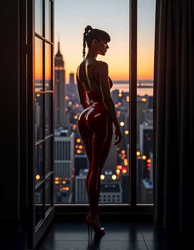 A woman stands on her tiptoes with her back to a large window that offers a view of the city skyline at sunset. She is wearing a red outfit and high heels.