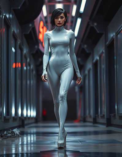 A woman is walking down an empty hallway with a neon sign on the wall that reads "S". She is wearing a white jumpsuit and high heels.