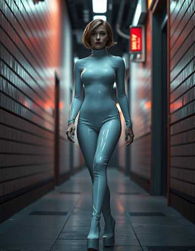 A woman is walking down an alleyway at night wearing a blue bodysuit and high heels. The alleyway has brick walls on both sides and a red sign hanging from the ceiling in the background.