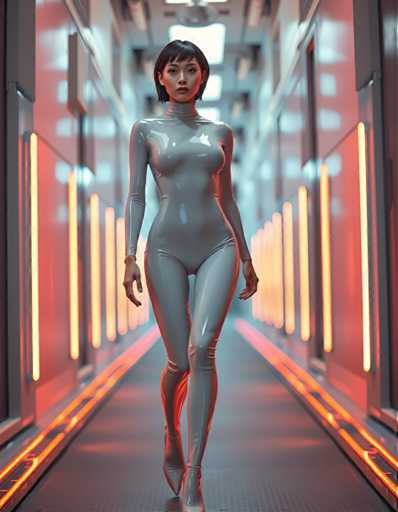 A woman is walking down an illuminated hallway with a futuristic design and neon lights on the walls. She is wearing a silver jumpsuit that reflects the light from the surrounding environment. The hallway appears to be empty apart from her, creating a sense of solitude in this modern space.