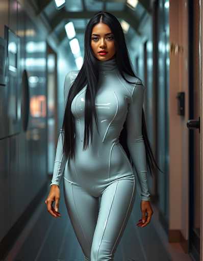 A woman with long black hair is walking down a hallway wearing a white jumpsuit that has a zipper running down the front and a turtleneck top. The hallway she's walking through appears to be empty, suggesting it might be late at night or during a time when most people are indoors.