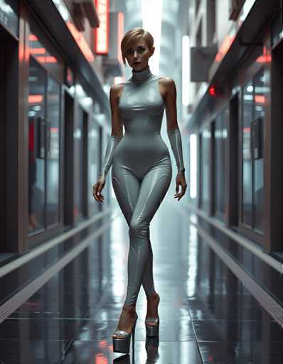 A woman is walking down an empty hallway with a futuristic design and neon lights on the walls. She is wearing a silver jumpsuit that reflects light from the surrounding environment. The hallway has a sleek, modern aesthetic with large windows allowing natural light to flood in.