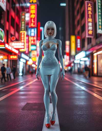 A woman dressed in a white outfit with red heels is walking down a city street at night, surrounded by neon signs and buildings illuminated by bright lights.