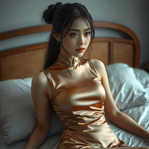 a seductive young realistic android woman wearing a Sleeveless satin Cheongsam with a hip split on her bed. UHD, 8K, ultra detailed, cinematic, sharp focus, hyper-realistic, beautiful lighting, great compositionSteps: 5, Sampler: Euler A Trailing, Guidance Scale: 1.0, Seed: 571122737, Size: 1024x1024, Model: flux_1_schnell_q5p.ckpt, Strength: 1.0, Seed Mode: Scale Alike, Upscaler: realesrgan_x2plus_f16.ckpt, CLIP Skip: 2