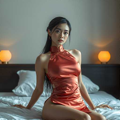 a seductive young realistic android woman wearing a Sleeveless satin Cheongsam with a hip split on her bed. UHD, 8K, ultra detailed, cinematic, sharp focus, hyper-realistic, beautiful lighting, great compositionSteps: 5, Sampler: Euler A Trailing, Guidance Scale: 1.0, Seed: 3545164429, Size: 1024x1024, Model: flux_1_schnell_q5p.ckpt, Strength: 1.0, Seed Mode: Scale Alike, Upscaler: realesrgan_x2plus_f16.ckpt, CLIP Skip: 2