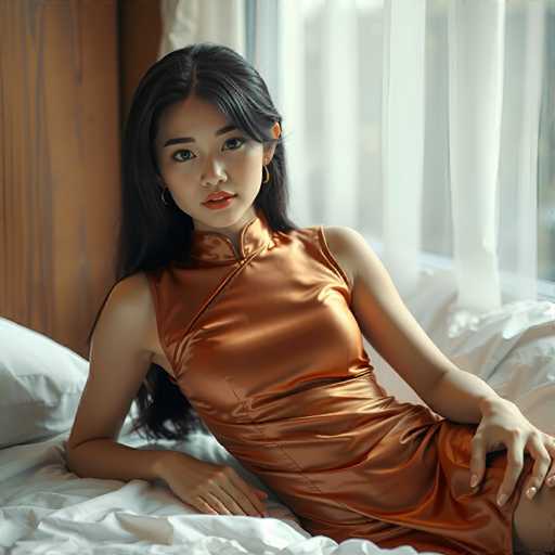 a seductive young realistic android woman wearing a Sleeveless satin Cheongsam with a hip split on her bed. UHD, 8K, ultra detailed, cinematic, sharp focus, hyper-realistic, beautiful lighting, great compositionSteps: 5, Sampler: Euler A Trailing, Guidance Scale: 1.0, Seed: 489668231, Size: 1024x1024, Model: flux_1_schnell_q5p.ckpt, Strength: 1.0, Seed Mode: Scale Alike, Upscaler: realesrgan_x2plus_f16.ckpt, CLIP Skip: 2