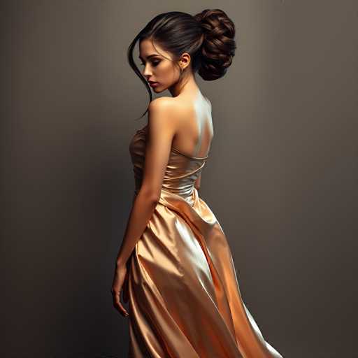 A woman is captured from behind with her back facing the camera. She is wearing a long, flowing gold dress that cascades down to her feet. The background is a simple gray color, which contrasts nicely with the woman's dress and makes it stand out.