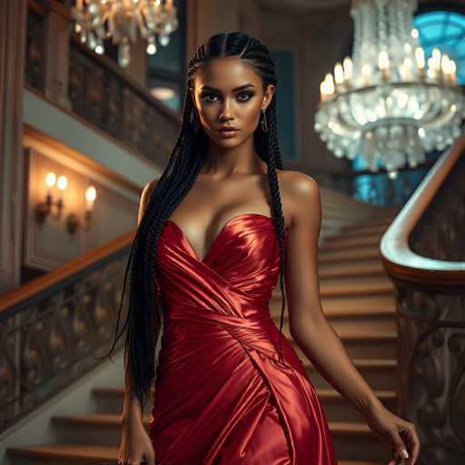 A woman with long black hair is standing on a staircase in front of a chandelier and a window. She is wearing a red dress that falls down to her knees. The stairs lead up to an upper level where the chandelier hangs from the ceiling.