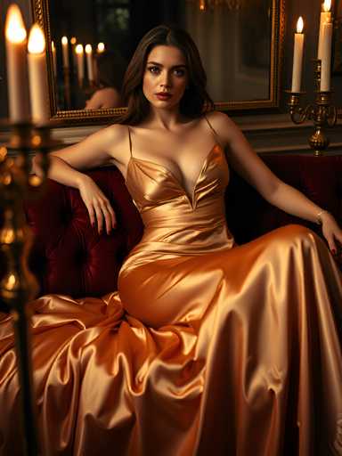 A woman is seated on a red couch with her legs crossed and wearing an elegant gold dress that falls down to her knees. The room has a warm ambiance with candles casting a soft glow in the background, creating a romantic atmosphere.