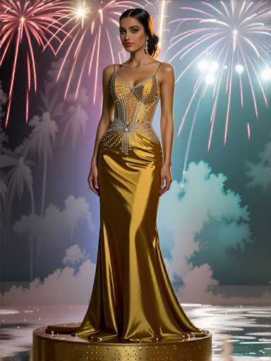 A woman is standing on a gold pedestal with her back to the camera and wearing a long, flowing gold dress that reaches down to her feet. The background features a dark blue sky filled with fireworks, creating a festive atmosphere around the scene.