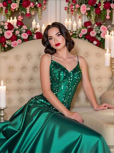 A woman is seated on a white couch with her legs crossed and hands resting on the armrests. She is wearing a long green dress adorned with sequins that sparkles under the light. The couch has a gold-colored cushion behind her. The background features a floral arrangement of pink, red, and white flowers, as well as several candles arranged in a circular pattern.