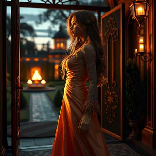 A woman is standing on a porch at night, wearing an orange dress and gold earrings. The porch has a wooden door with a window that reflects the warm glow of the lights inside. In the background, there are two fountains - one larger than the other.