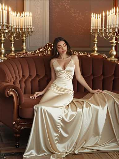 A woman is seated on a brown couch with her legs crossed and hands resting on the armrests. She is wearing a long, flowing white dress that cascades down to her feet. The room has gold accents, including chandeliers hanging from the ceiling and other decorative elements throughout the space.