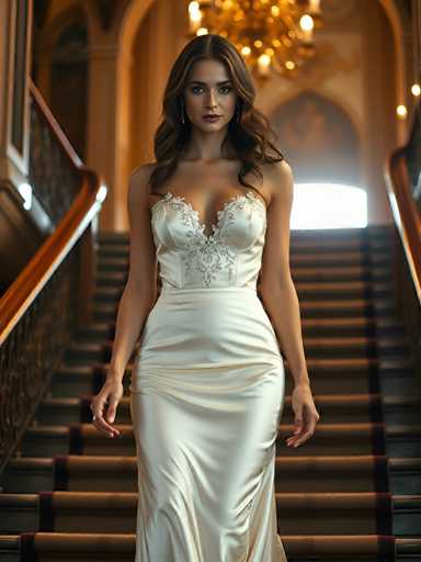 A woman is walking down a staircase wearing a white strapless gown with intricate lace detailing and a train trailing behind her. The staircase has wooden railings on both sides, leading to an ornate archway in the background that adds architectural interest to the scene.