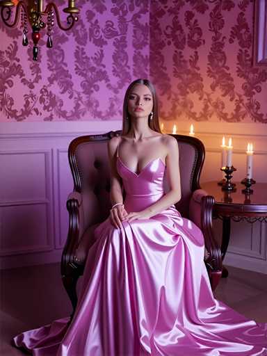 A woman is seated on a chair with her legs crossed and hands resting on the armrests. She is wearing a long pink dress that falls down to her knees. The room has a pink and white color scheme, with a floral wallpaper in shades of pink and white. There are three candles on a table next to the woman's feet.