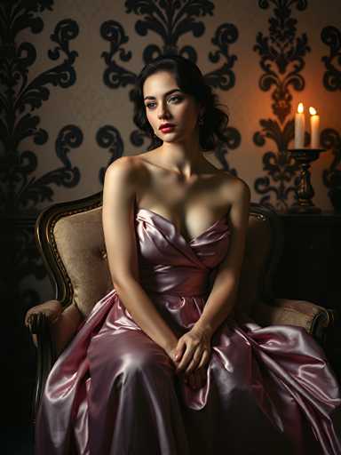 A woman is seated on a chair with her legs crossed and hands resting on the armrests. She is wearing a pink dress that falls just below her knees. The room has black and white wallpaper, creating an elegant atmosphere. A candle is lit behind the woman, casting a warm glow in the space.