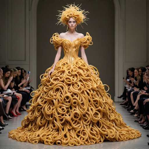 The image shows a model wearing an elaborate dress made entirely out of noodles and spaghetti. The dress is designed with multiple layers of noodles and spaghetti strings that create a unique and eye-catching design. The model stands confidently in the center of the room, drawing attention to her striking attire.