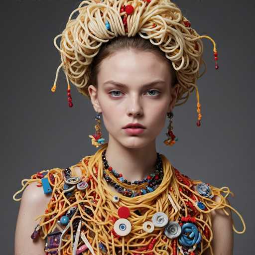 A young woman with long blonde hair is wearing a unique and colorful headpiece made of spaghetti noodles and beads. The necklace she's wearing is also composed of various objects including buttons, beads, and other small items that create an interesting and eye-catching accessory.