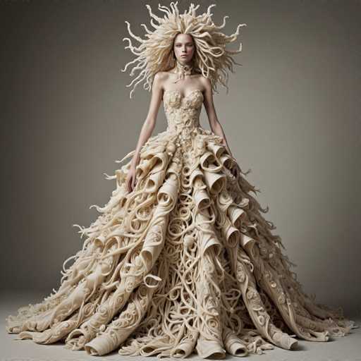 The image shows a woman standing against a gray background wearing an elaborate white dress with intricate lace and beading details. The dress is designed to resemble spaghetti noodles, adding a unique and whimsical element to the overall look.