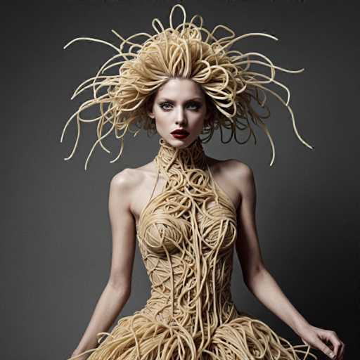 A woman is standing against a gray background wearing an elaborate dress made entirely out of spaghetti noodles and red lipstick.