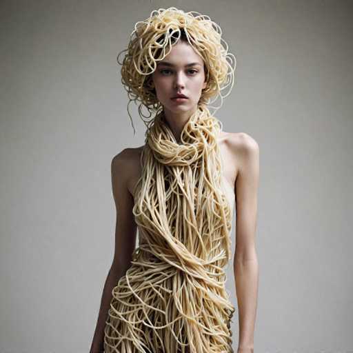 A woman with blonde hair is standing against a gray background wearing a dress made of spaghetti noodles and a scarf around her neck.