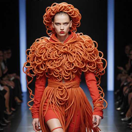 The image shows a model wearing an orange dress with long orange strings that create the appearance of spaghetti or noodles. The model is standing on a runway and appears to be posing for the camera.