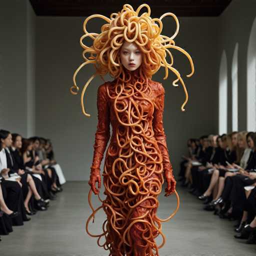 The image shows a woman wearing an elaborate spaghetti-like dress made from orange and white noodles. The dress is designed with long, thin strands of noodles that create the skirt and bodice, giving it a unique and eye-catching appearance. The woman stands confidently in front of a crowd of people who are seated on chairs arranged in rows behind her, suggesting that she might be participating in an event or performance.
The background features a white wall with arched windows, providing a stark contrast to the colorful dress and adding depth to the image.