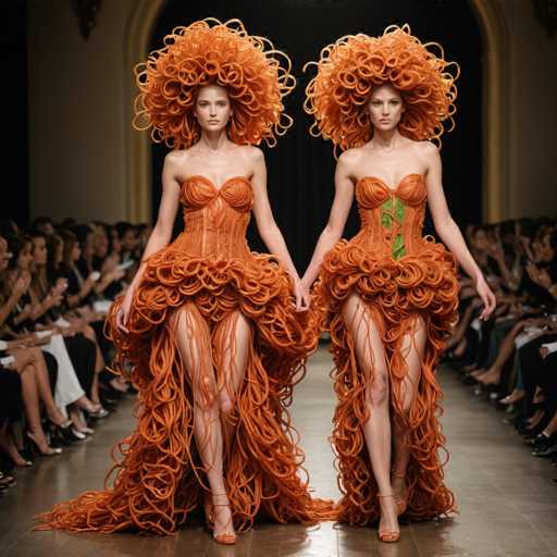 The image shows two models walking down a runway wearing orange dresses made entirely out of spaghetti noodles. The model on the left is wearing a dress with long orange spaghetti strands that flow behind her as she walks. Her hair is styled in an elaborate updo, and she is holding onto the handrail for balance. On the right, another model is also walking down the runway, but her dress has shorter spaghetti strands and does not have the same flowing effect on her hair.

The background of the image reveals a crowd of people watching the models as they walk down the runway.