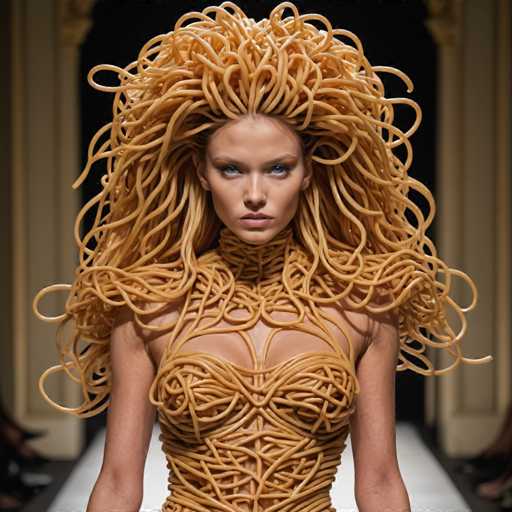 The image shows a woman with long, curly hair wearing a dress made entirely of spaghetti noodles and a bra designed like a fishnet. The background is blurred, but it appears to be a room or hallway.