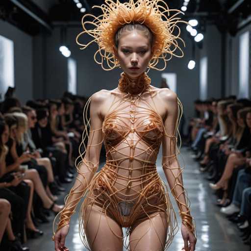 The image shows a model walking down a runway wearing an unconventional and avant-garde costume made of orange strings that create the shape of a human body. The model is positioned centrally in the frame, with her arms outstretched as if she's about to take flight or dance. In the background, there are other models and spectators present, suggesting this could be part of an art exhibit or fashion show.
The costume appears to be made from strings, which adds a unique visual element to the overall presentation. The model is also wearing a large headpiece that resembles a flower, further enhancing her avant-garde appearance.