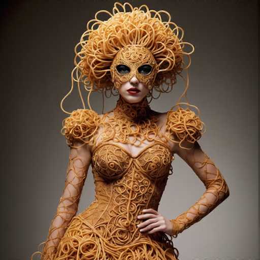 The image shows a woman wearing an elaborate costume made entirely out of spaghetti noodles and other materials. The costume is designed with intricate patterns and designs that cover the entire body from head to toe. The woman stands confidently against a gray background, her gaze directed straight at the camera.