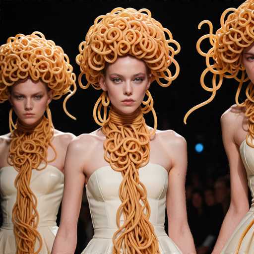 The image shows three women with long hair wearing spaghetti necklaces and dresses made of white fabric. The woman on the left is wearing a white dress with a spaghetti necklace, while the two other women have similar outfits but are wearing spaghetti necklaces as well.