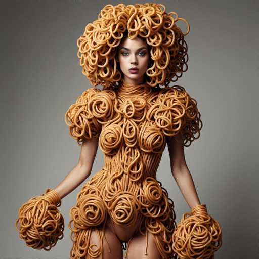 The image shows a woman with an elaborate and unique costume made entirely out of spaghetti noodles. The costume is designed to resemble a person's body, complete with arms, legs, torso, and head. The woman stands against a gray background, which contrasts with the vibrant colors of her costume. She holds two pairs of scissors in each hand, adding to the overall surreal nature of the scene.