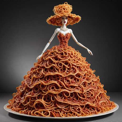 The image shows a doll made entirely out of spaghetti noodles dressed in an orange dress and hat with a white collar. The doll is standing on one leg against a black background.