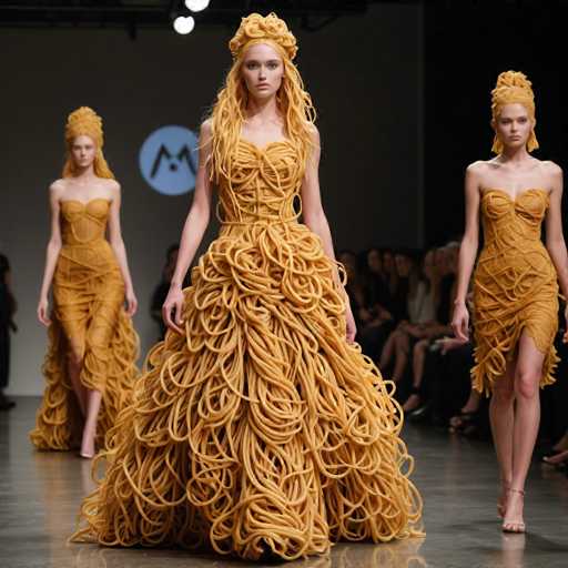 The image shows three models walking down a runway wearing dresses made entirely out of spaghetti noodles. The model on the left is wearing a dress with long blonde hair and a gold headband. The middle model has short blonde hair and is wearing a dress that resembles spaghetti noodles. The third model, who is also blond, is wearing a dress made from spaghetti noodles. All three models are walking in front of a white wall adorned with a circular logo.