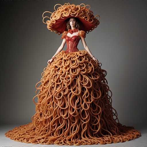 The image shows a woman wearing an elaborate dress made entirely out of spaghetti noodles. The dress is designed with orange and brown noodles that create the skirt and bodice of the dress. The woman stands in front of a gray background, which contrasts with her vibrant attire.