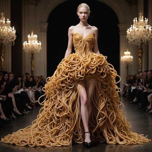 The image shows a model wearing an elaborate dress made entirely out of spaghetti noodles. The dress is designed with long strands of spaghetti intertwined into intricate patterns and shapes, creating a unique and eye-catching garment. The model stands confidently on the runway in front of a large audience, who are seated in rows behind her, watching the show.