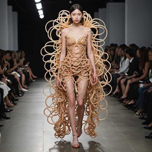 The image shows a model walking down a runway wearing an elaborate dress made entirely of spaghetti noodles. The dress is designed with large, twisted noodles that create a unique and eye-catching pattern. The model's pose suggests she is in the midst of her performance, likely walking towards the audience to showcase the dress.