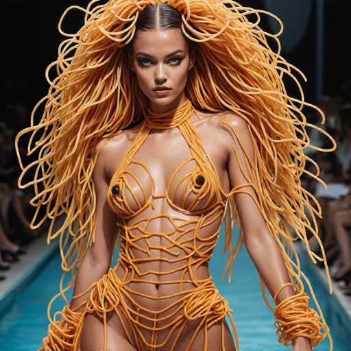 The image shows a woman with long hair and orange noodles wrapped around her body. She is wearing a revealing outfit that includes a bra and shorts. The background appears to be a pool area or water park setting, as indicated by the presence of other people in the background who are also dressed in swimwear.

There are no discernible texts present in the image.