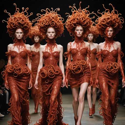 The image shows five women walking down a runway wearing dresses made entirely out of spaghetti noodles and red hair accessories. The dresses have long, flowing skirts that resemble spaghetti strands. Each woman is unique in their style and pose, creating an interesting visual dynamic as they move together.