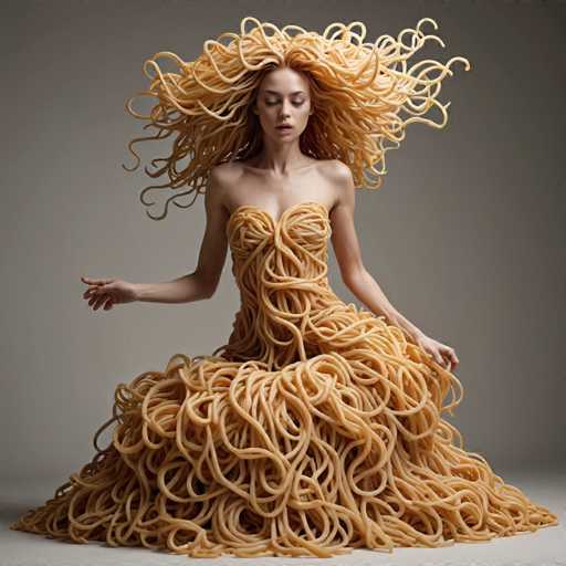 A woman with blonde hair is sitting on a gray surface and wearing a dress made of spaghetti noodles.