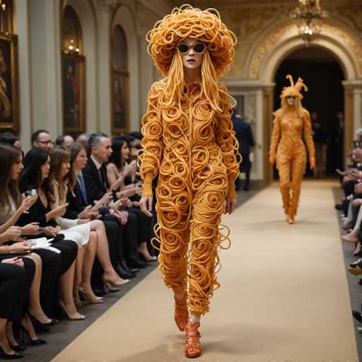 The image shows two models walking down a runway wearing unique outfits made entirely out of spaghetti noodles. The model on the left is wearing an orange jumpsuit with long spaghetti strands attached to it, while the other model is wearing a black jumpsuit with spaghetti strands attached to it as well. They are both striding confidently down the runway in front of a crowd of people seated and watching them.