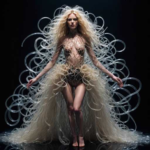 The image shows a woman wearing an elaborate dress made entirely out of white ribbons and lines. The dress is designed with a flowing skirt that cascades down to the floor, creating a sense of movement and elegance. The woman stands in front of a black background, which contrasts with her white attire and further accentuates the details of her dress.