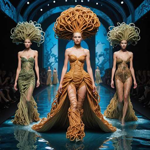 The image shows three models walking down a runway with unique and creative hairstyles. The first model has long hair styled into an intricate fishnet-like pattern on her head. The second model's hair is styled in the shape of a giant noodle. The third model has her hair styled to resemble spaghetti strands, creating a playful and whimsical look.